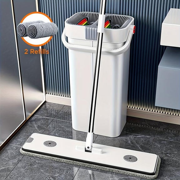 Mop Set with Wringer, Hands-Free Flat Mop and Bucket, 60-Inch Mop with 2 Reusable Microfiber Pads, Wet/Dry, Floor Cleaning System