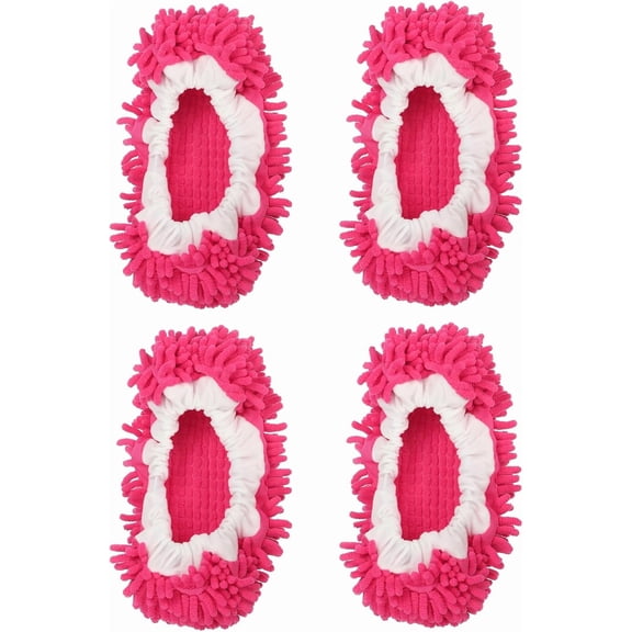 Mop Slippers Washable Microfiber Floor Cleaning Shoes Cover Chenille Duster Foot Socks Tools for House Clean, Fuchsia 4 Pack