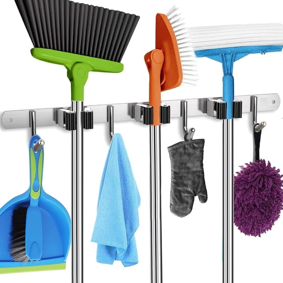Mop and Broom Holder Wall Mount  Heavy-Duty Closet Organizer for Garage, Kitchen, Laundry Organization Tool Hanger with 3 racks 4 hooks