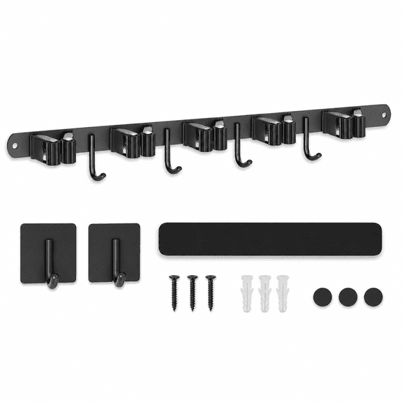Mop and Broom Holder Wall Mount with 5 Racks and 4 Hooks, Heavy Duty Self-Adhesive Organizer for Kitchen, Laundry, Garage, Garden Storage, Black