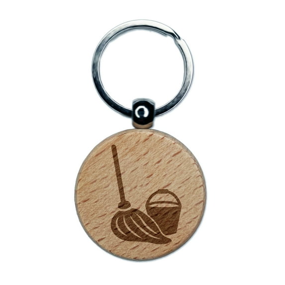 Mop and Bucket Cleaning Round Keychain Charm Tag - Engraved Wood