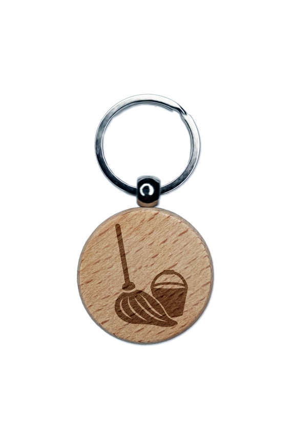 Mop and Bucket Cleaning Round Keychain Charm Tag - Engraved Wood
