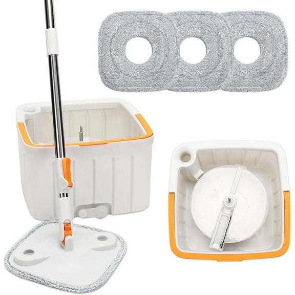 Mop and Bucket Set, Easy-to-use Spin Mop with Separate Dirty Water System, Deep-Cleaning Mops for Floors, Versatile Mops for Walls (4 Thick Mop Pads)