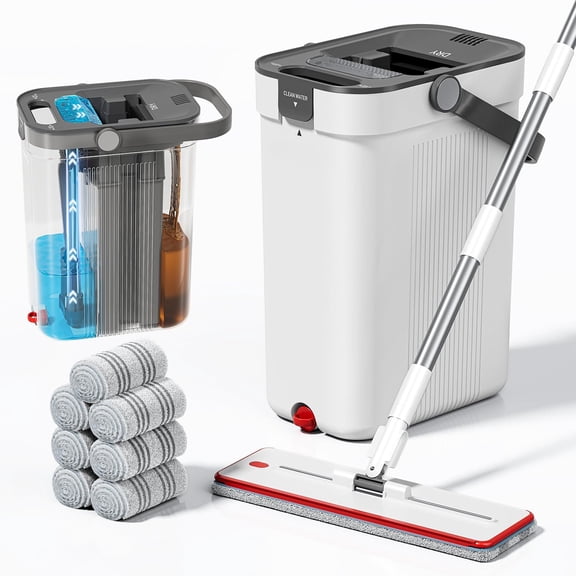 Mop and Bucket Set, Flat Mop and Bucket System with Separate Dirty and Clean Water, 3-Compartment Wall Cleaner Mop, Flat Mops for Floor Cleaning