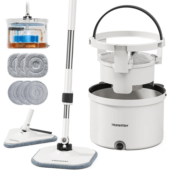 Mop and Bucket Set, Spin Detachable Inner with Separate Dirty/Clean Water System, Self-Wringing Square Mops for Floor/Wall Cleaning 6 Microfiber Pads