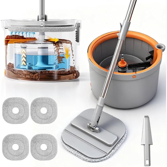 Mop and Bucket Set, Spin with Dirty Water Self Separation System 4 Head Replacement, Cleaning Mops Buckets Scraper for Household Use Floor
