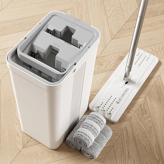 Mop and Bucket Set for and Commercial Use, Flat Mop System with 3 Microfiber Pads, Floor and Wall Cleaner