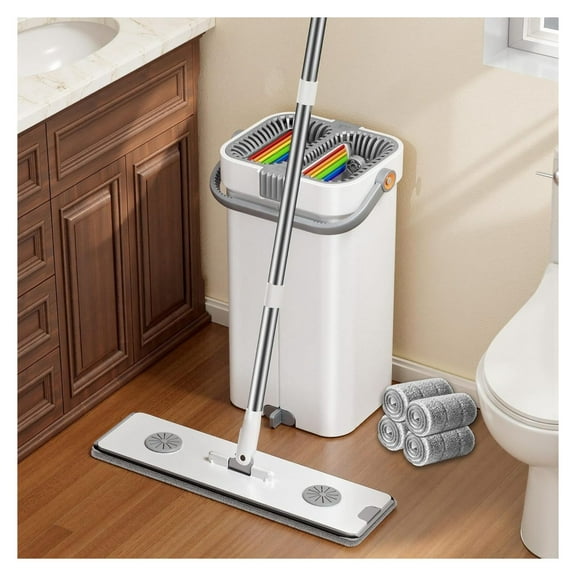 Mop and Bucket Set with 7-Layer Scraper, Flat Mop with Wringer for Home, Wet Dry Floor Cleaning Mop with 4 Microfiber Pads 15.74"
