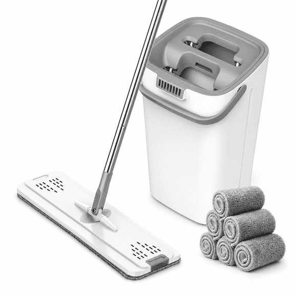Mop and Bucket Set with Wringer, 50-Inch Flat Mop, 6 Microfiber Pads for Floors