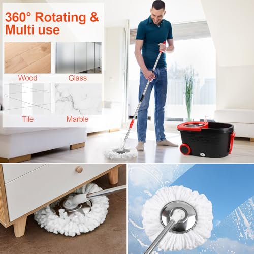Mop and Bucket with Wringer Set, 360 Rotating Mop Bucket System with 3 Microfiber Mop, Stainless Steel Floor Cleaning System with Dual Mode