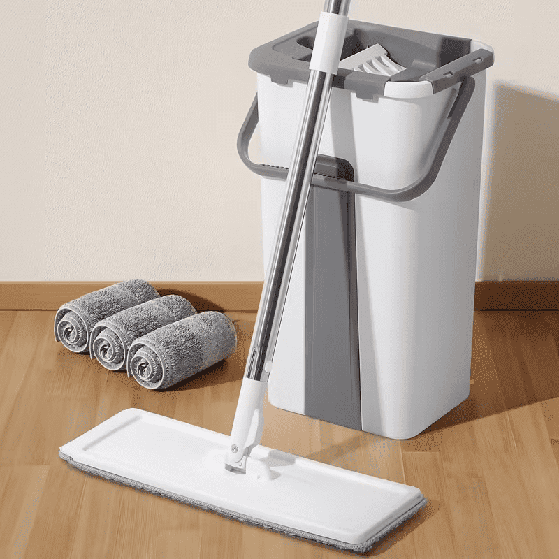 Mop and bucket set with wringer, with 3 reusable microfiber pads with 360 flexible rotation, hands-free flat mop and bucket with long handle for floor cleaning 