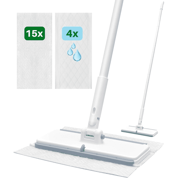 Homitt 2-in-1 Dry & Wet Mop Kit, 1-Second Pad Install No Slipping, 15 Disposable Dry Pads & 4 Wet Pads, Mops for Floor Cleaning with Water Squeegee, Dry & Wet Floor Cleaner for Dirt, Dust, Hair