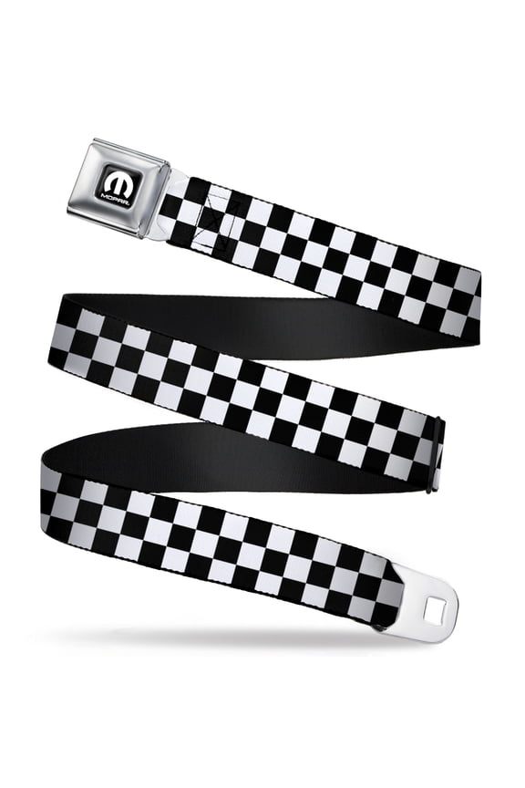 Mopar Belt, Seatbelt Buckle Belt, Mopar Black White Logo Checker Black White, 34 to 52 Inches