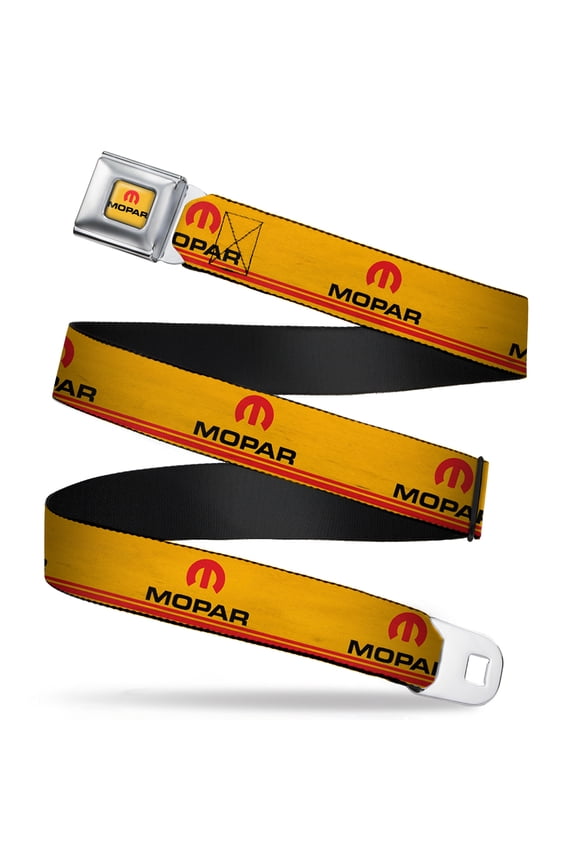 Mopar Belt, Seatbelt Buckle Belt, Mopar Logo Double Stripe Vintage Gold Red Black, 30 to 44 Inches