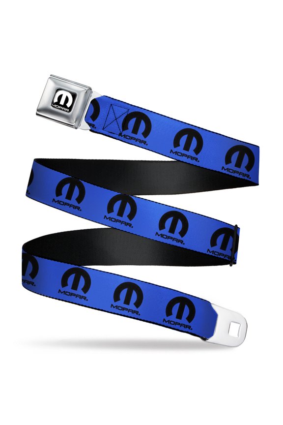 Mopar Belt, Seatbelt Buckle Belt, Mopar Logo Repeat Blue Black, 24 to 38 Inches