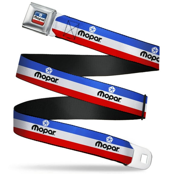 Mopar Belt, Seatbelt Buckle Belt, Mopar Logo Stripe Blue White Red, 30 to 44 Inches