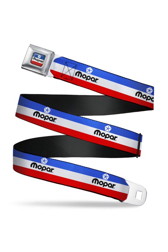 Mopar Belt, Seatbelt Buckle Belt, Mopar Logo Stripe Blue White Red, 34 to 52 Inches
