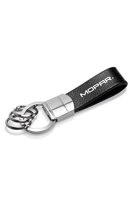 Mopar Black Real Leather Strap Chrome Round Hook Metal Key Chain