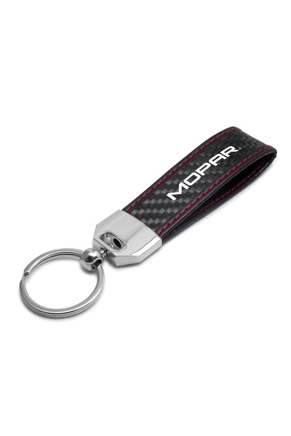 Mopar Logo Real Black Carbon Fiber Loop Strap Key Chain with Red Stitching