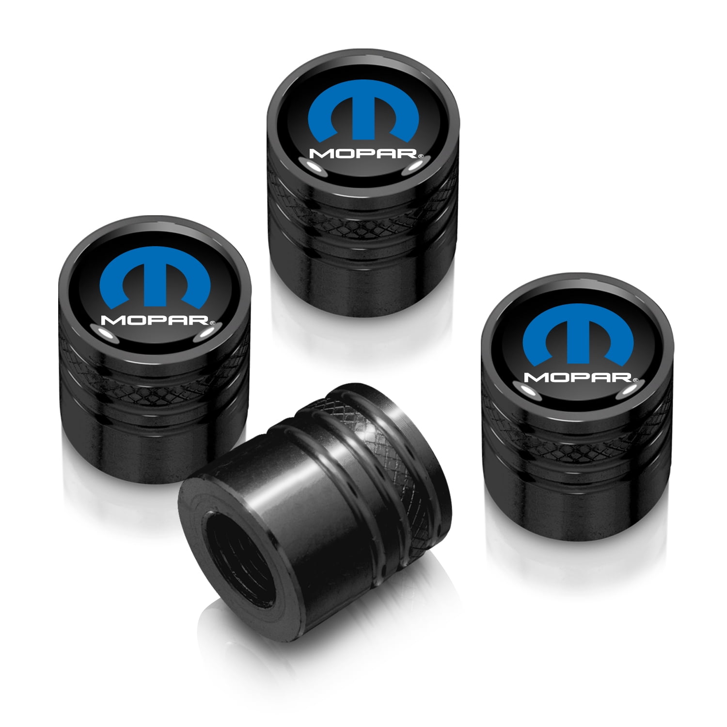 Mopar in Black on Black Cylinder-Style Premium Anodized Aluminum Tire Valve Stem Caps - Set of 4