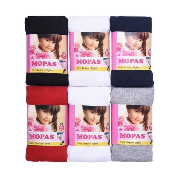 Mopas Girls Warm Classic Full Footed Stocking Pull-On Tights (6 Pairs of Assorted(Black/2 White/Navy/Gray/Red), M (4-6 Years))