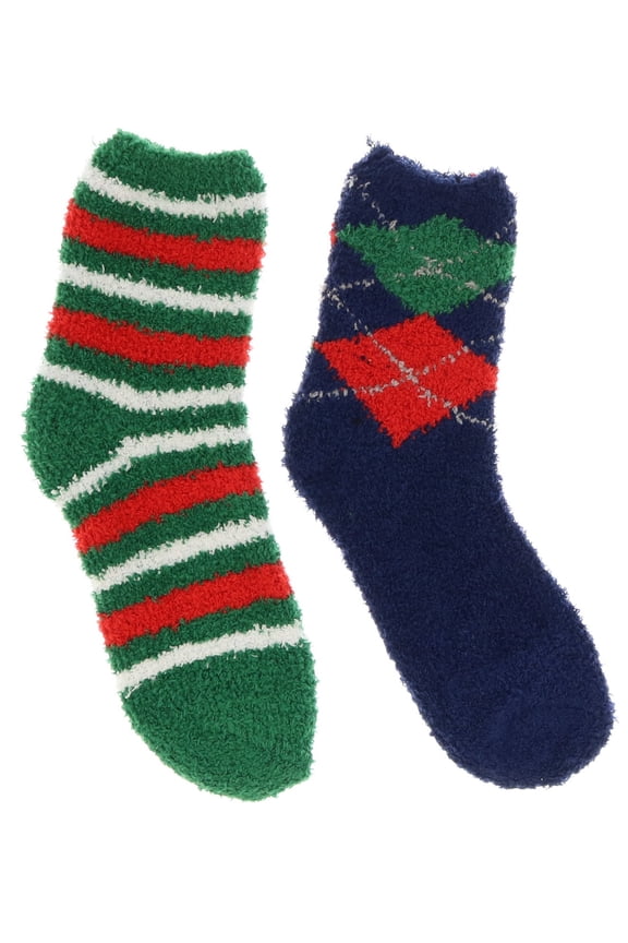 Women's Fuzzy Butter Christmas Socks (2pr) - Navy & Green