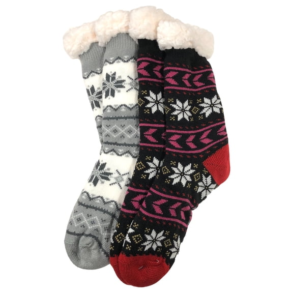 Mopas Womens 2pr Sherpa Cabin Slipper Socks Black & Gray Snowflake Print OSFM