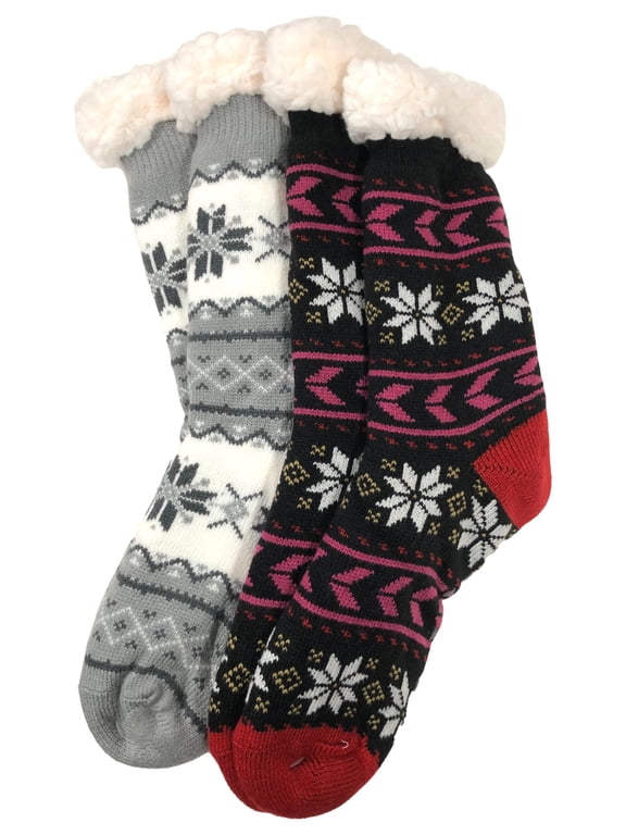 Womens 2pr Sherpa Cabin Slipper Socks Black & Gray Snowflake Print OSFM