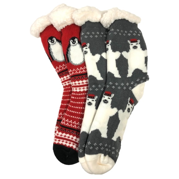 Mopas Womens 2pr Sherpa Cabin Slipper Socks Penguin & Polar Bear Print OSFM