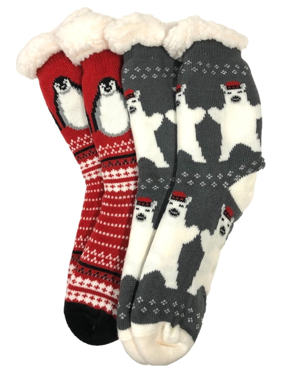 Womens 2pr Sherpa Cabin Slipper Socks Penguin & Polar Bear Print OSFM