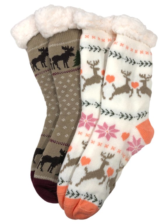 Womens 2pr Sherpa Cabin Slipper Socks Reindeer & Moose Print OSFM