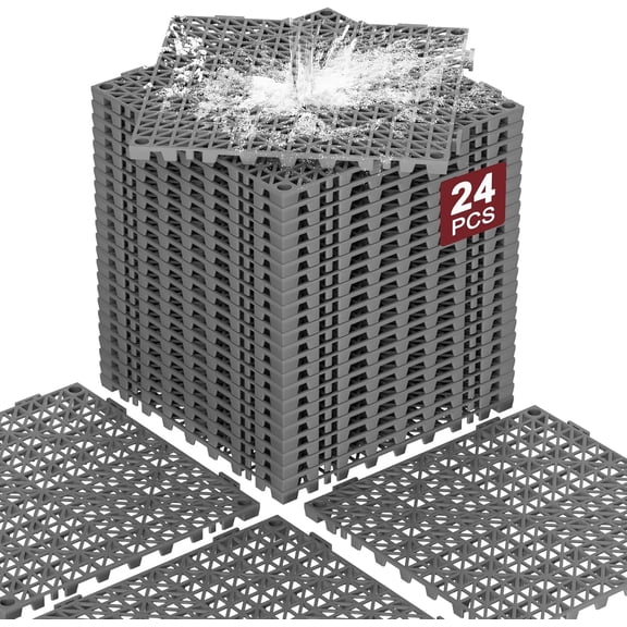 Mophoto 24 PCS PVC Garage Floor Tiles 12"x12"x0.6" Non-Slip Heavy-Duty Interlocking Drainage Mat Modular Splicing Flooring Tile for Garage Garden Patio Pool(Gray)