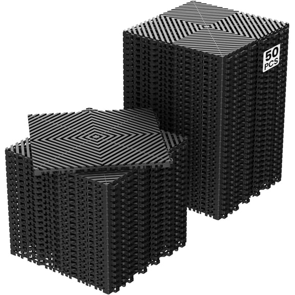 Mophoto 50 PCS PP Garage Floor Tiles 12"x12"x0.6" Non-Slip Heavy-Duty Interlocking Drainage Mat Modular Splicing Flooring Tile for Garage Garden Patio Indoor Outdoor(Black)