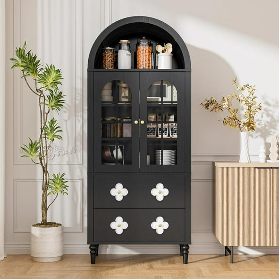 Mophoto Arched cabinet Bookshelf Bookcase Storage with Tempered Glass Doors Versatile Kitchen Cabinets,71“ Tall Food Pantry Furniture for Living Dining Room(Black)