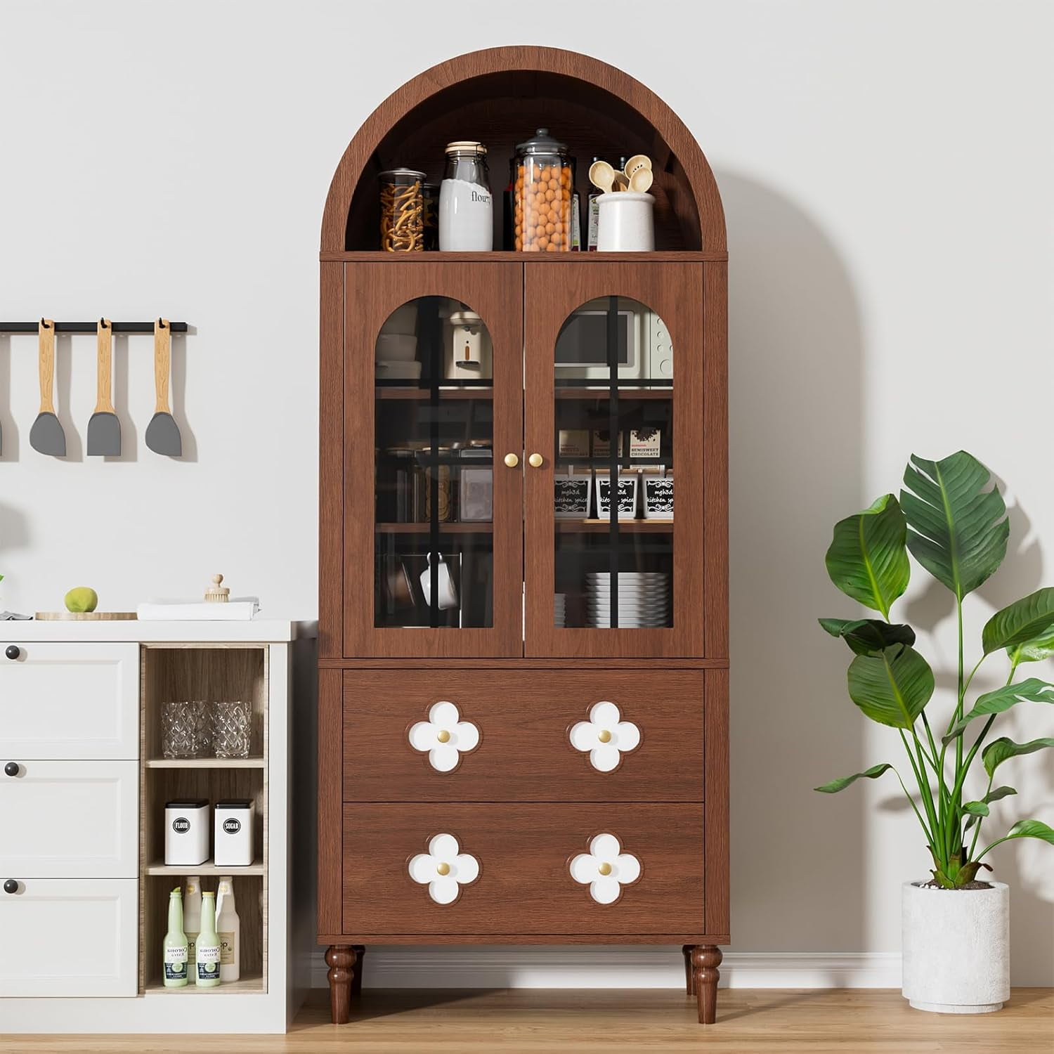 Mophoto Arched cabinet Bookshelf Bookcase Storage with Tempered Glass Doors Versatile Kitchen Cabinets,71“ Tall Food Pantry Furniture for Living Dining Room(Black)