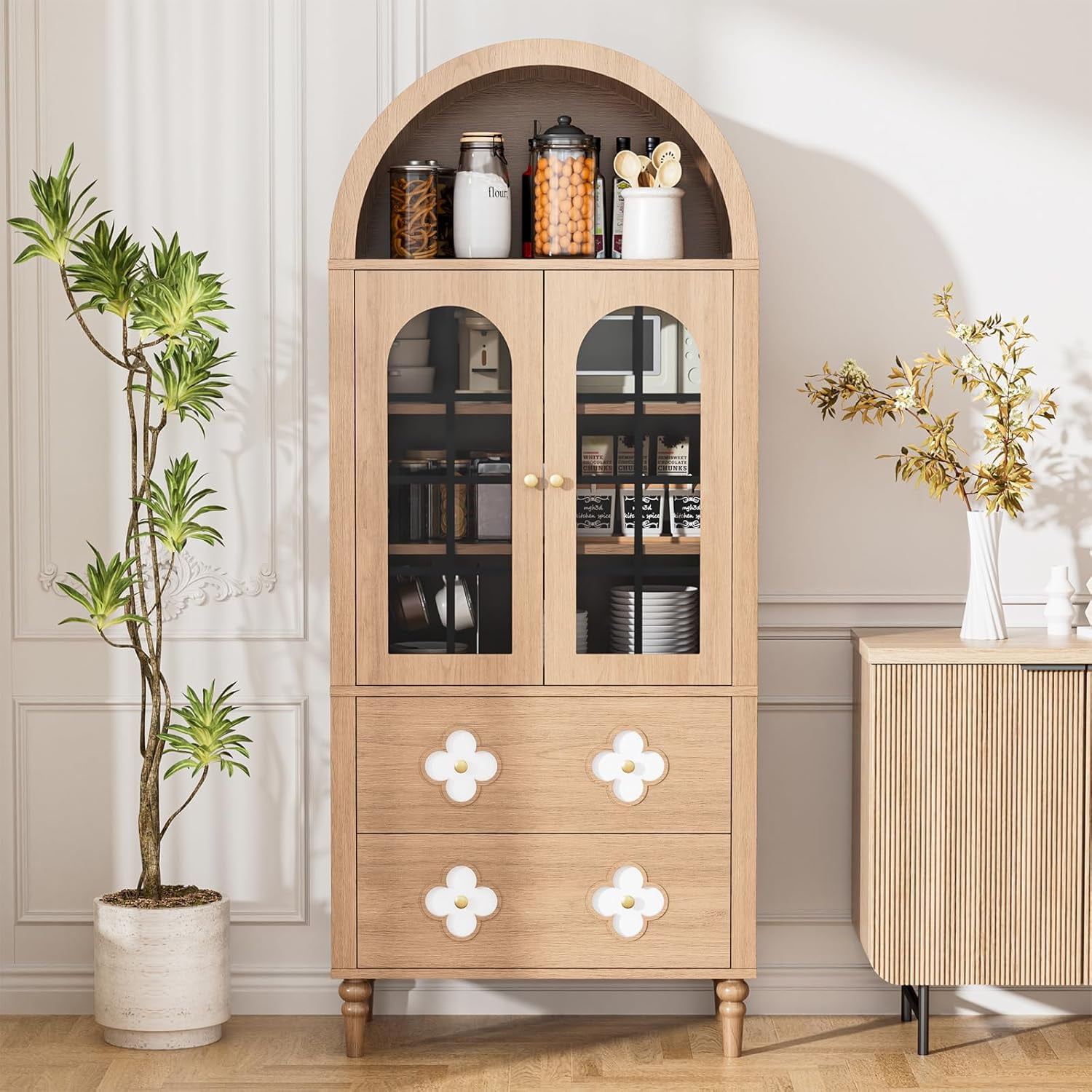 Mophoto Arched cabinet Bookshelf Bookcase Storage with Tempered Glass Doors Versatile Kitchen Cabinets,71“ Tall Food Pantry Furniture for Living Dining Room(Black)