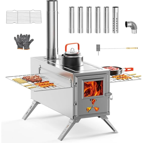 Mophoto Upgraded Wood Stove,Hot Tent Stove Camping Portable Stainless Steel Wood Burning Stove with 7 Chimney Pipes for Wall Tent Camping,Hunting,Heating,Cooking,Ice Fishing,Boiling Water