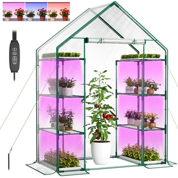 Mophoto Indoor Greenhouse with Grow Light,4-Tier Mini Greenhouse 56.3"x28.7"x76.8" PVC Cover with Timer Dimmable Plant Light for Indoor Plants Seed Starting Trays
