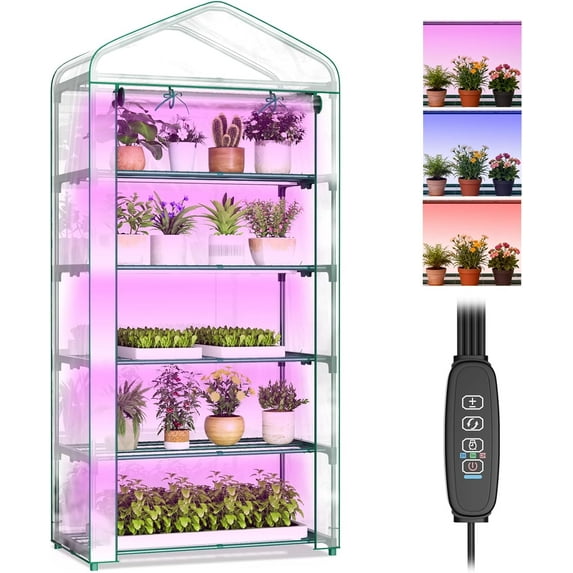 Mophoto Indoor Greenhouse with Grow Light,5-Tier Mini Greenhouse 35.4"x19"x74.8" PVC Cover with Timer Dimmable Plant Light for Indoor Plants Seed Starting Trays