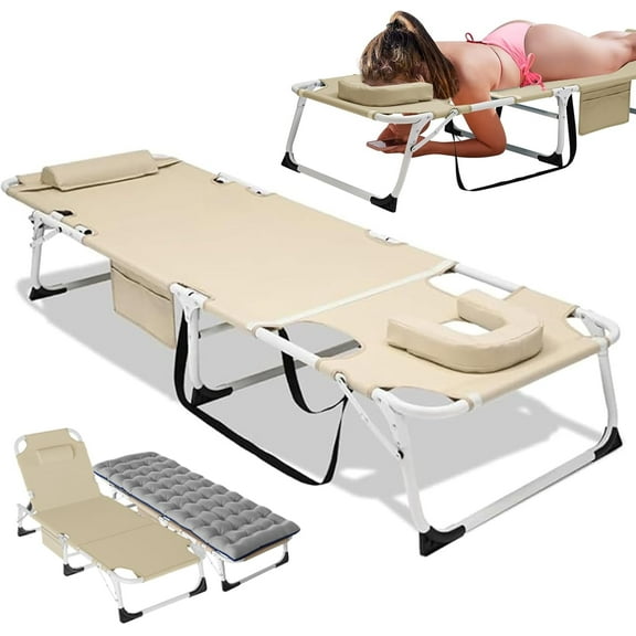 Mophoto tanning lounge chair,Outdoor Folding Lounge Chairs with face hole for Pool,Beach,Adjustable Patio with Mattress&Pillow, Portable Multifunctional Sleeping Camping Cots Bed
