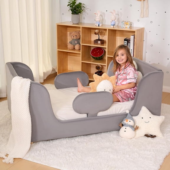 Mophoto Toddler Bed,Toddler Flood Bed with Extra Safety Broad, Removable Guard Rails,Standard Crib Size,Certified Fabric Toddler Beds for Kids