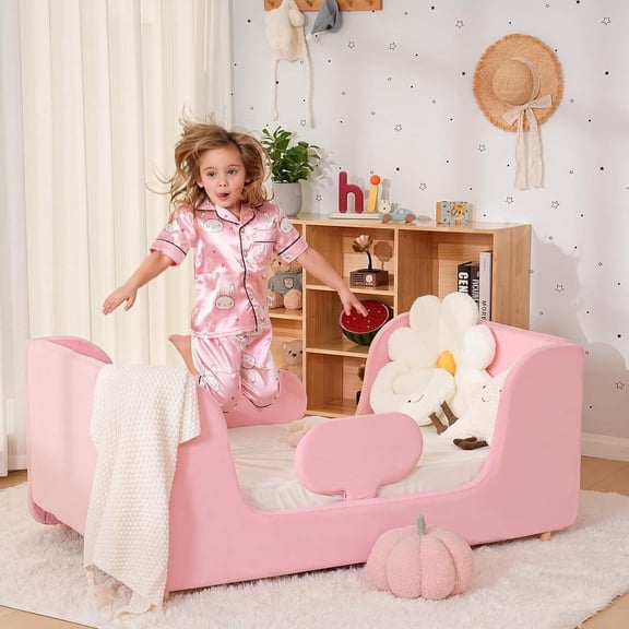 Mophoto Warm Pink Upholstered Toddler Bed with Padded Headboard Frame with Removable Guard Rails Kids Toddler Floor Standard Crib Size Bed for Girls and Boys(Mattress Not Included)