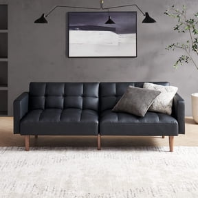 Mopio Aaron Futon Convertible Sofa Sleeper Futon with Arms Split Back Design 77.5" Midnight Black Faux Leather