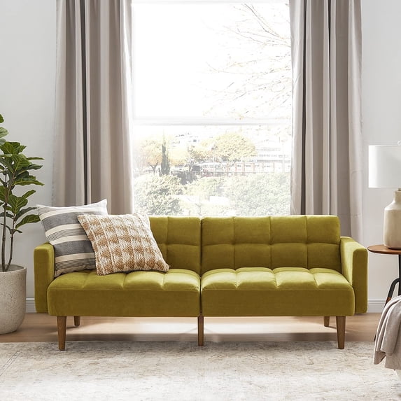 Mopio Aaron Futon Convertible Sofa Sleeper Futon with Arms Split Back Design 77.5" Mustard Olive Velvet Fabric