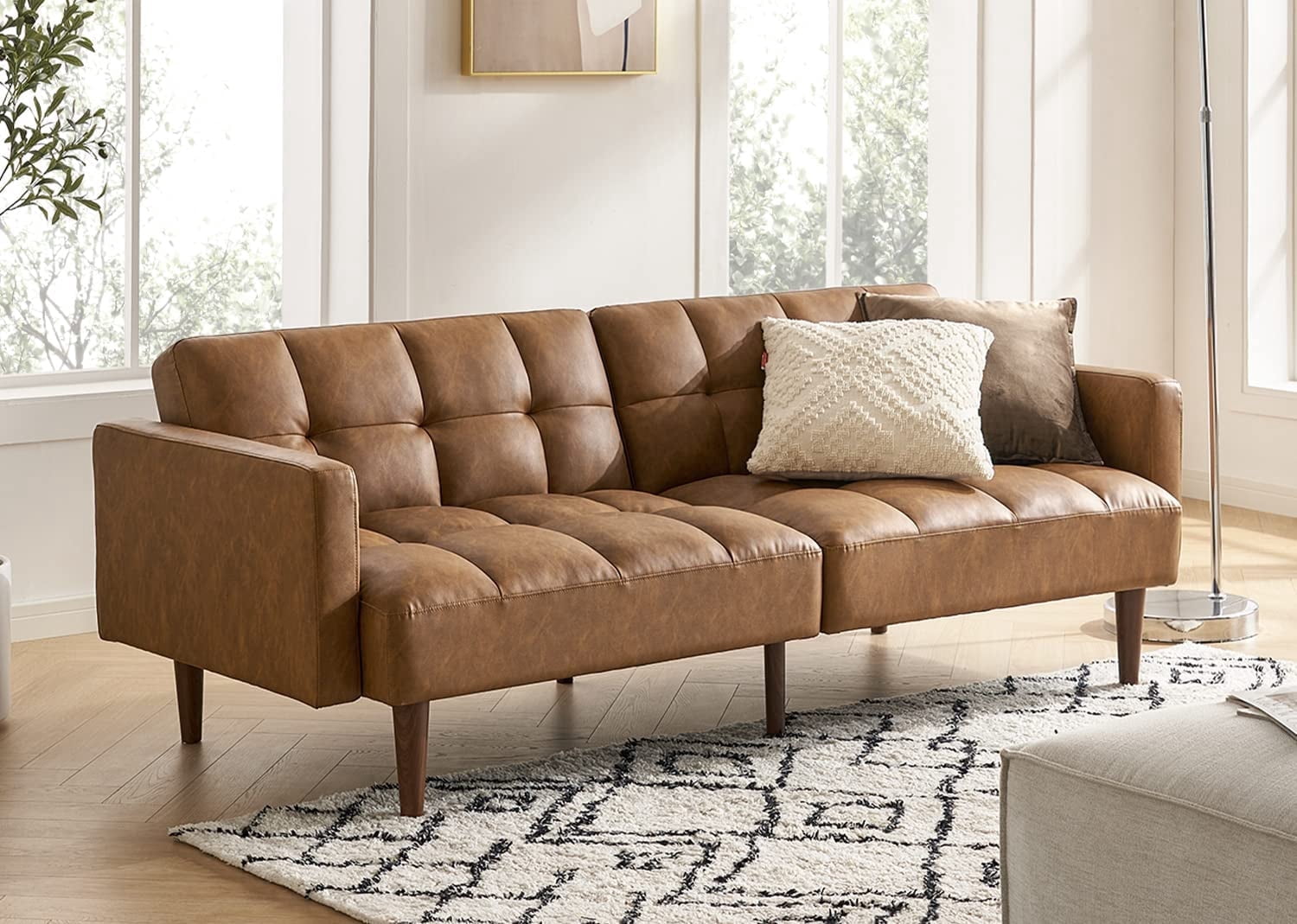 Mopio Aaron Mid Century Modern Faux Leather Convertible Futon 77.5" (Pecan Brown)
