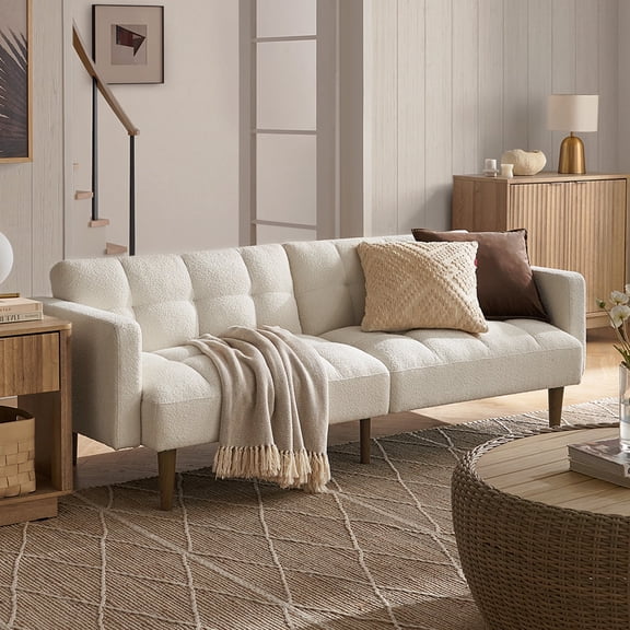 Mopio Aaron Twin Futon Sofa Split Back Design 77.5" Pearl White Boucle Fabric
