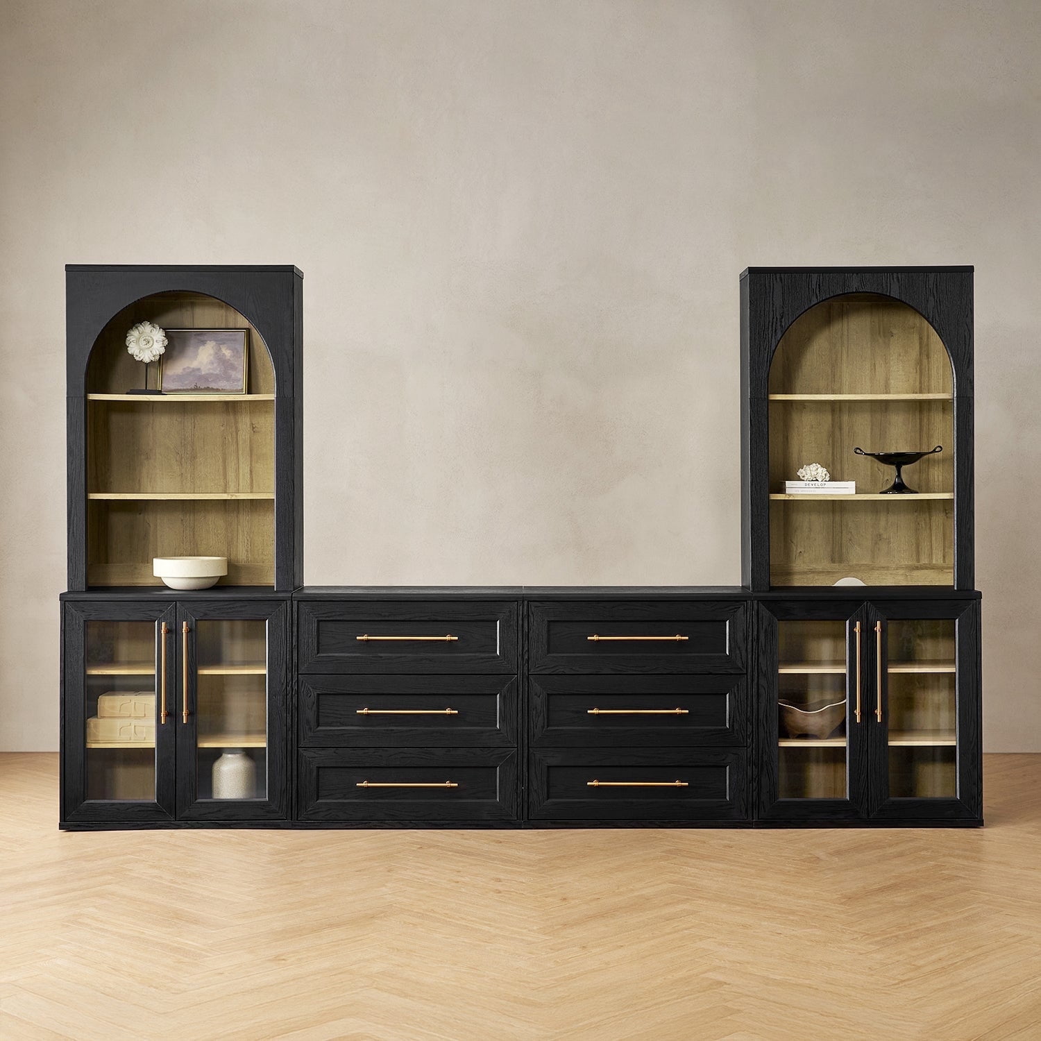 Mopio Blake 4 Piece Entertainment Center with Storage, Modern Farmhouse Wall Unit TV Stand with Bookshelves for up to 65" TVs, Trophy Display Case, Media Console Cabinet, Living Room (Black)