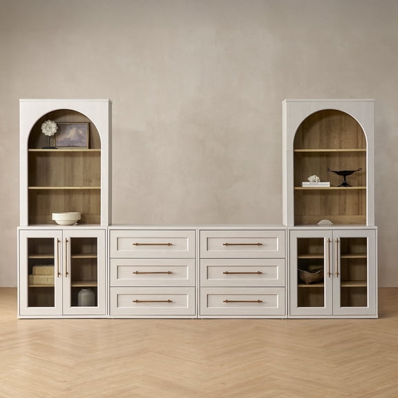 Mopio Blake 4 Piece Entertainment Center with Storage, Modern Farmhouse Wall Unit TV Stand with Bookshelves for up to 65" TVs, Trophy Display Case, Media Console Cabinet, Living Room (White)