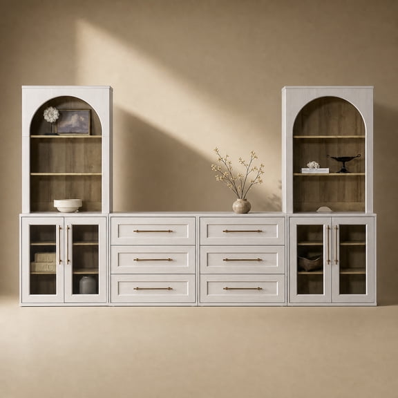 Mopio Blake 4 Piece Entertainment Center with Storage, Modern Farmhouse Wall Unit TV Stand with Bookshelves for up to 65" TVs, Trophy Display Case, Media Console Cabinet, Living Room (White)