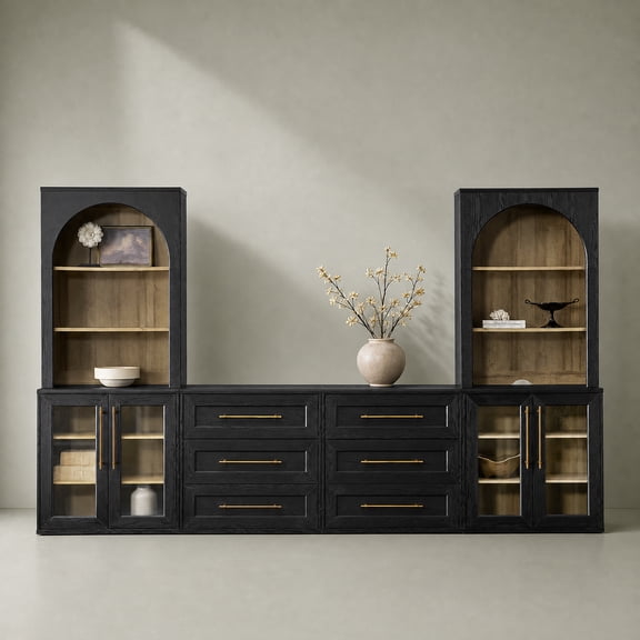 Mopio Blake 4 Piece Entertainment Center with Storage, Modern Farmhouse Wall Unit TV Stand with Bookshelves for up to 65" TVs, Trophy Display Case, Media Console Cabinet, Living Room (Black)